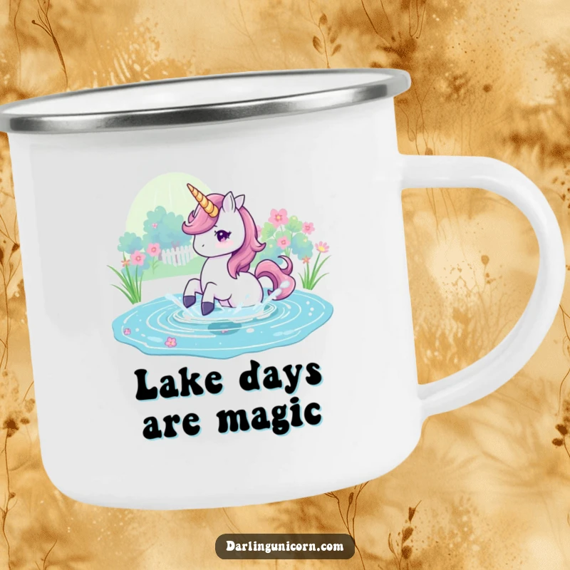 Funny Camping Mug showing a unicorn playfully splashing in a magical pond, perfect for enchanted outdoor moments.