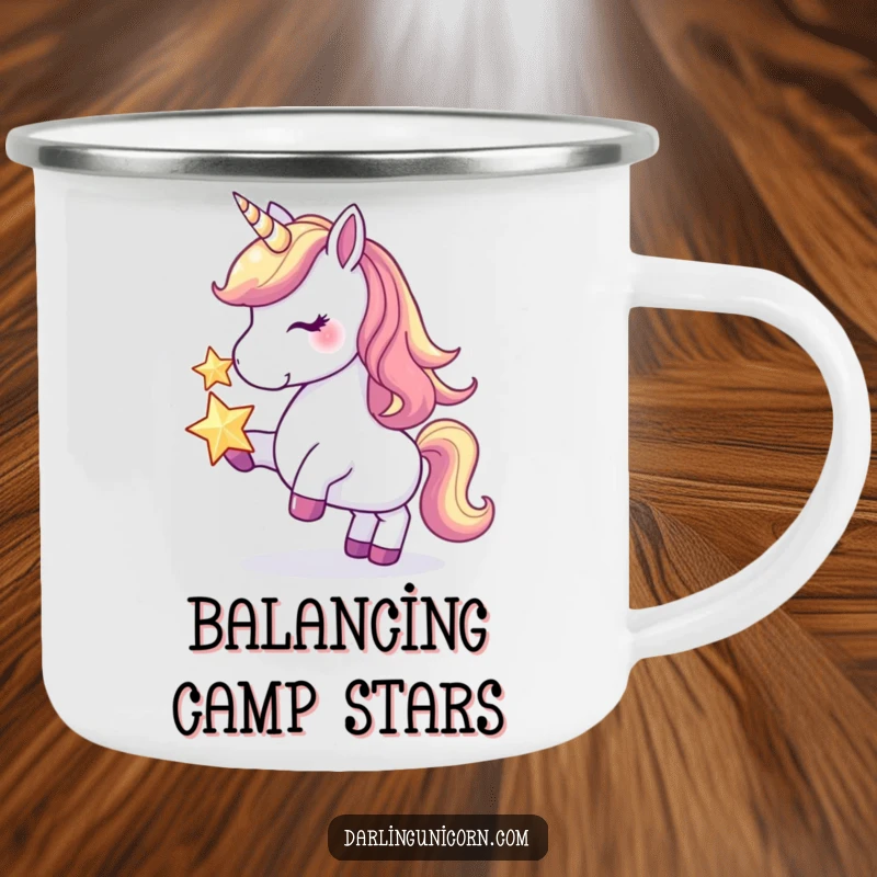 Funny camping mug featuring a unicorn balancing a star on its nose, built for rugged adventures and delightful humor.