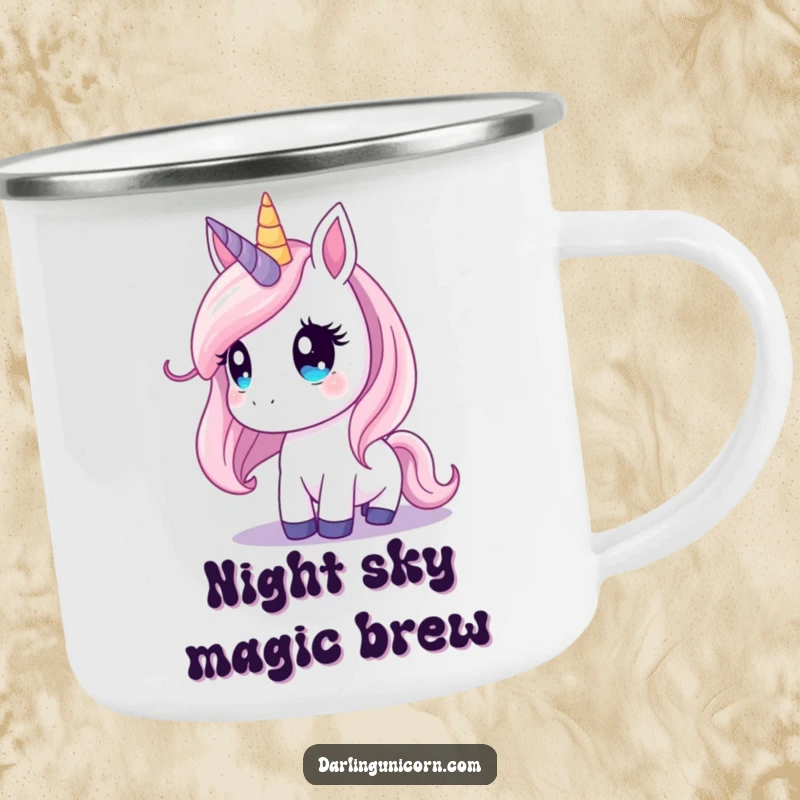 Funny unicorn camping mug with a durable design, showing a unicorn gazing at a starry night sky outdoors.