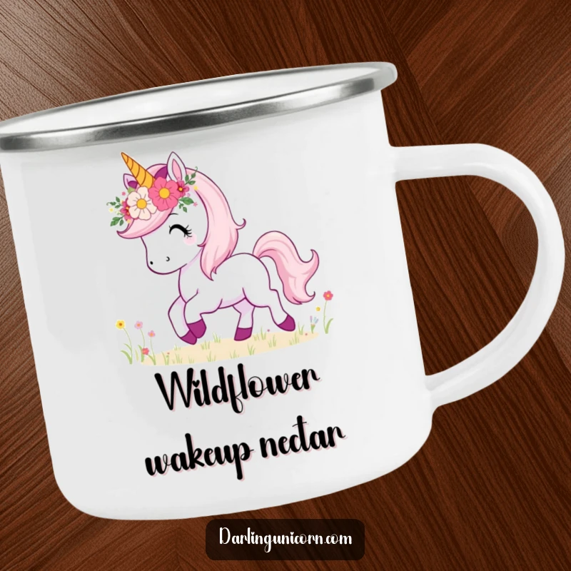 Funny camping mug showing a unicorn with a flower crown, happily prancing through a meadow, ideal for scenic sipping.