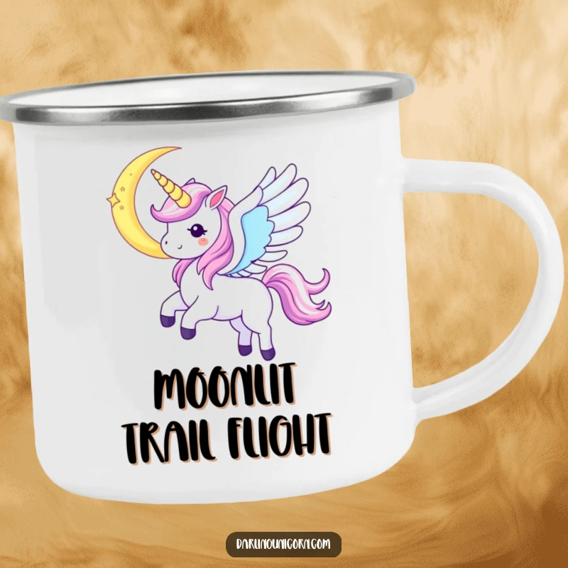 Funny Kawaii Unicorn Camping Mug: A unicorn with iridescent wings soars near a crescent moon, perfect for magical outdoor moments.
