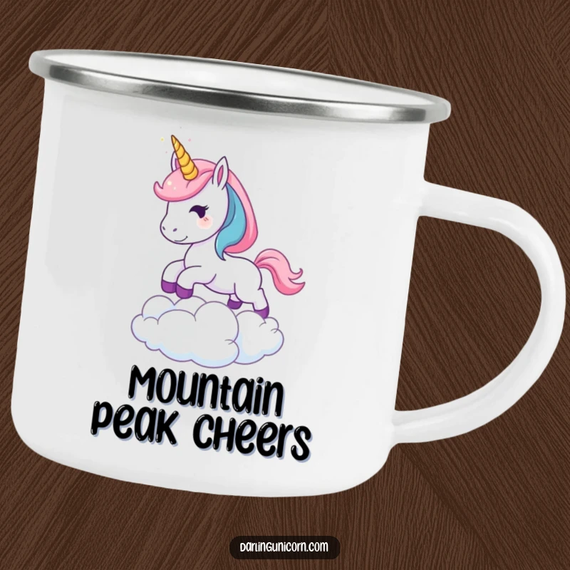 Funny Leaping Unicorn Camping Mug: A durable mug featuring a young unicorn with a sparkling horn leaping over a cloud, perfect for outdoor adventures with magic.