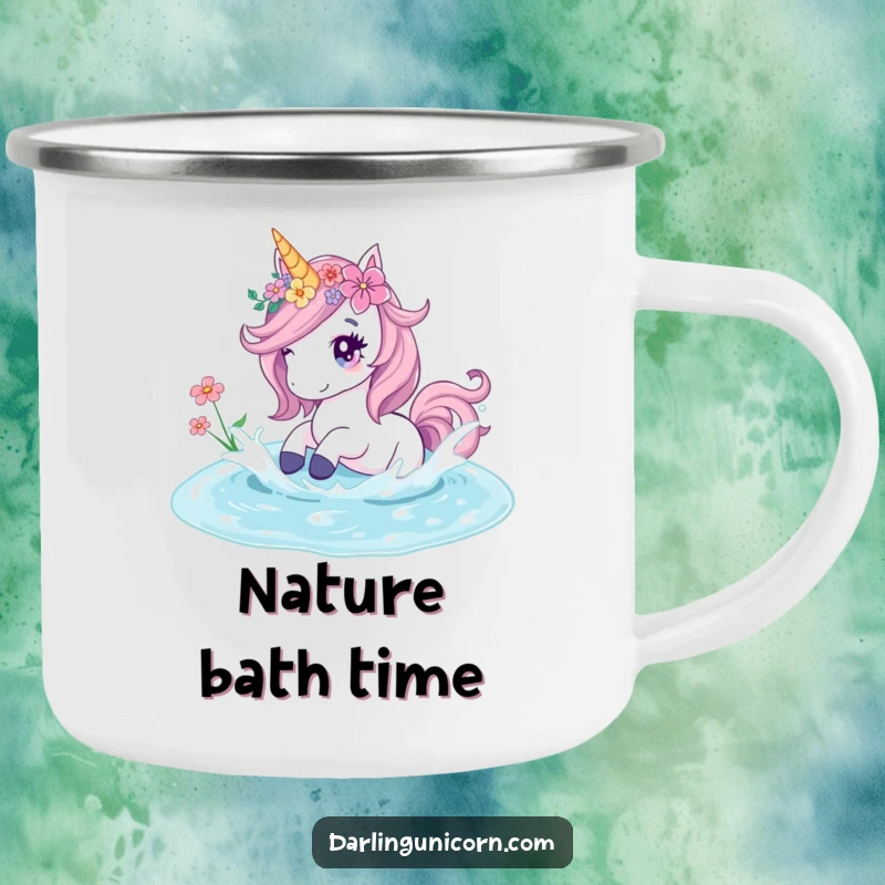 Funny camping mug featuring a floral unicorn playfully splashing in a pond, perfect for enjoying nature's magic outdoors.
