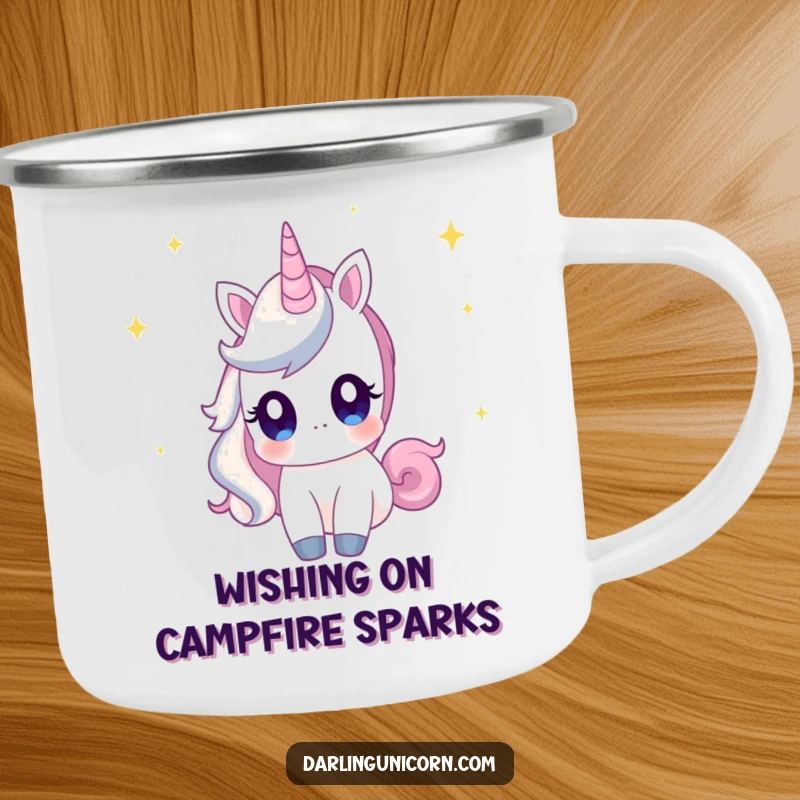 Funny camping mug showing a unicorn with curious eyes, gazing at shooting stars during nighttime outdoor excursions.