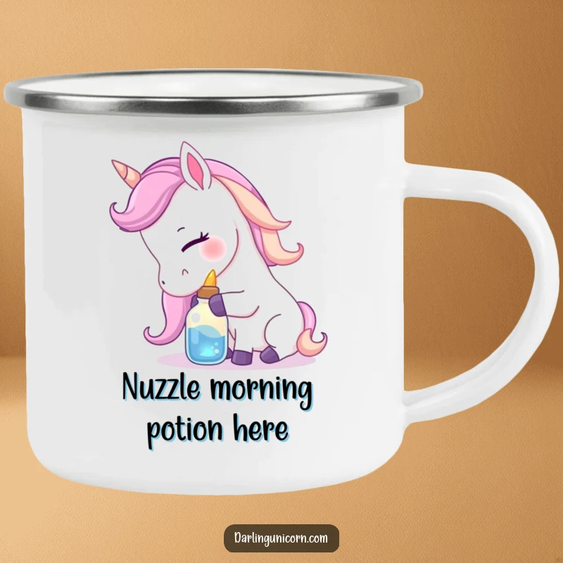 Funny camping mug with a gentle unicorn nuzzling a small, luminous potion bottle with affection, perfect for enjoying drinks outdoors.