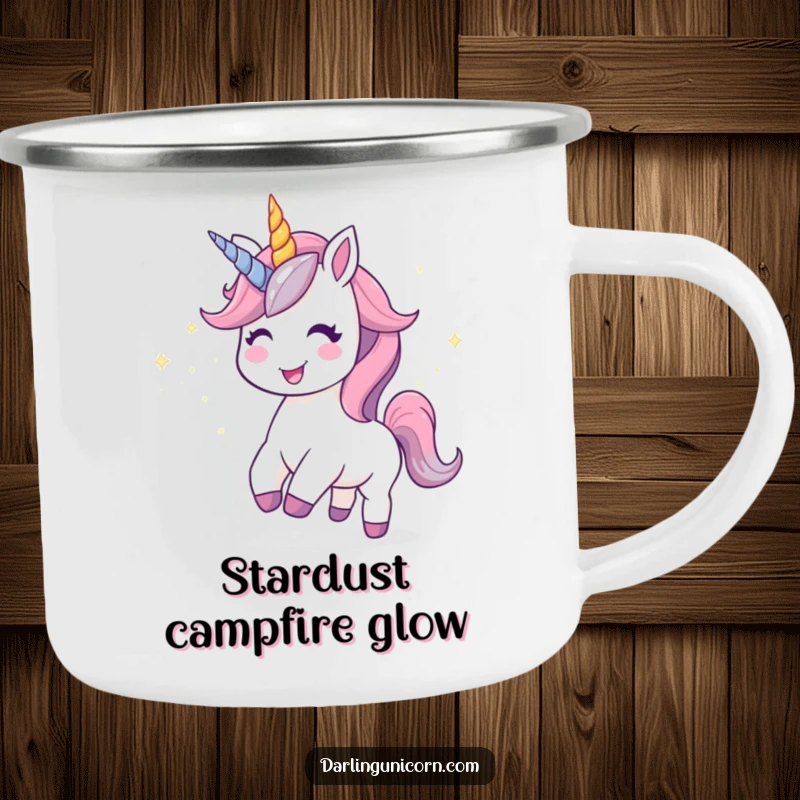 Funny Kawaii Unicorn Camping Mug: A joyful unicorn leaves a trail of stardust, perfect for magical outdoor moments.