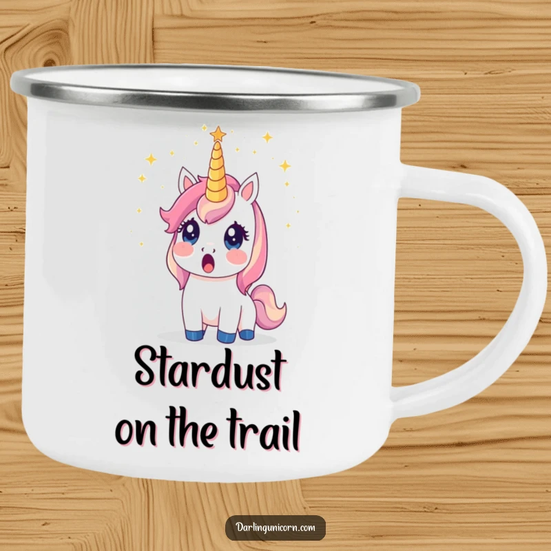 Funny unicorn camping mug showing a surprised unicorn whose horn emits a shower of stardust, perfect for outdoor magic.