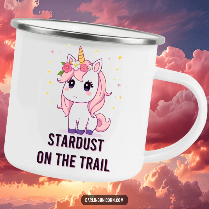 Funny unicorn with a flower crown, eyes wide with surprise as stardust falls, designed for magical outdoor sips.