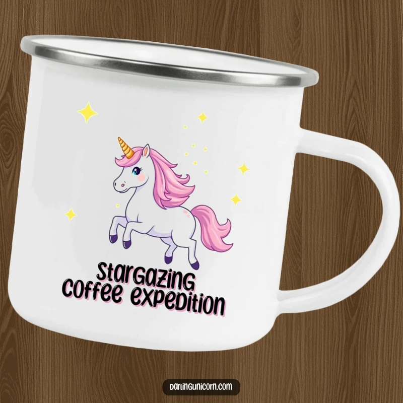 Funny camping mug with a majestic unicorn galloping across a starry sky with its horn aglow, perfect for enjoying drinks outdoors.