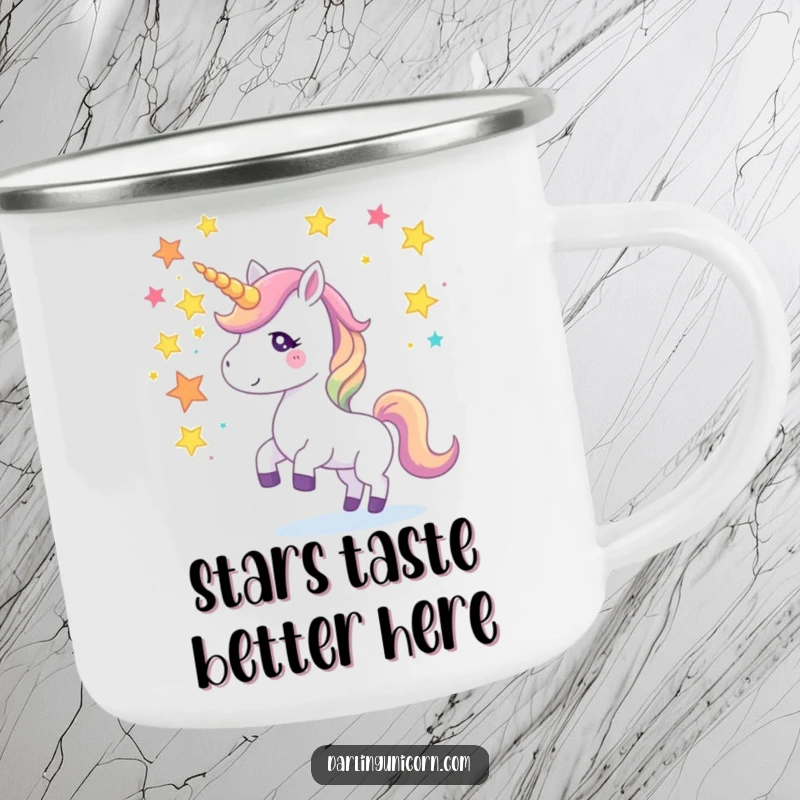 Funny camping mug showing a unicorn juggling colorful star fragments with its horn, ideal for outdoor adventures and magical drinks.