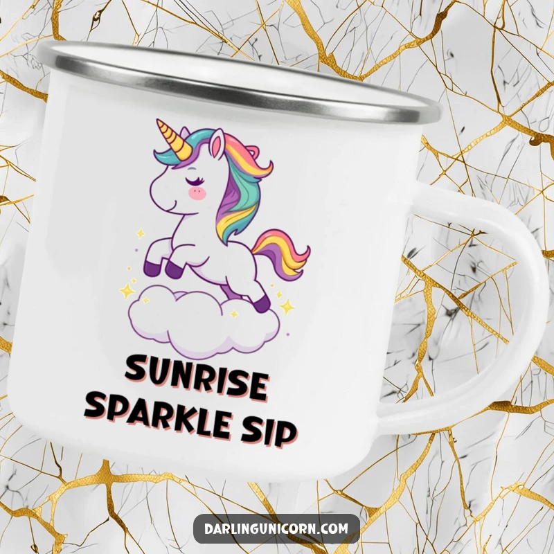 Funny camping mug with a cute unicorn with a rainbow mane joyfully leaping over a sparkling cloud, for magical outdoor drinks.