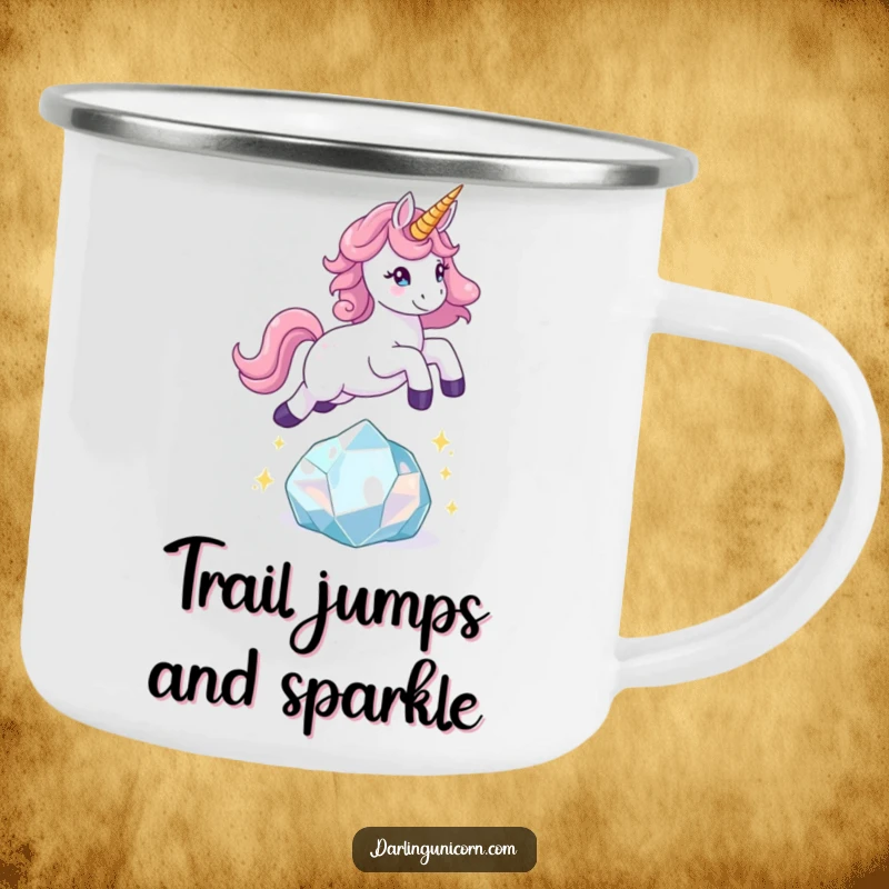 Funny unicorn camping mug showing a playful unicorn leaping over a sparkling crystal, perfect for outdoor adventures.