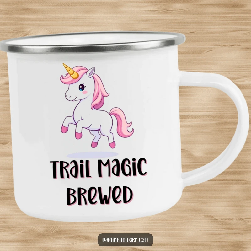 Elegant camping mug showing a unicorn gracefully twirling with a magical horn trail, perfect for outdoor enchantment and magic.