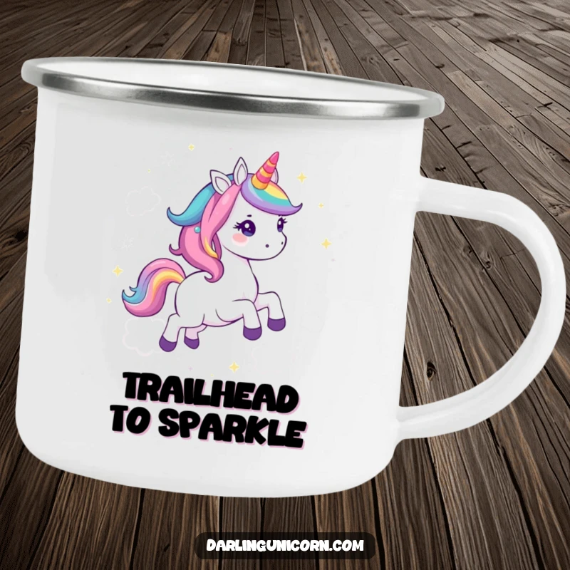 Funny Kawaii Unicorn Camping Mug: A magical unicorn with a rainbow mane gallops through starry clouds, perfect for outdoor fun.