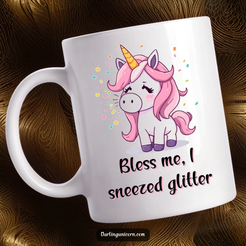 Funny surprised unicorn mid-sneeze, expelling a vibrant explosion of colorful confetti on a ceramic mug.