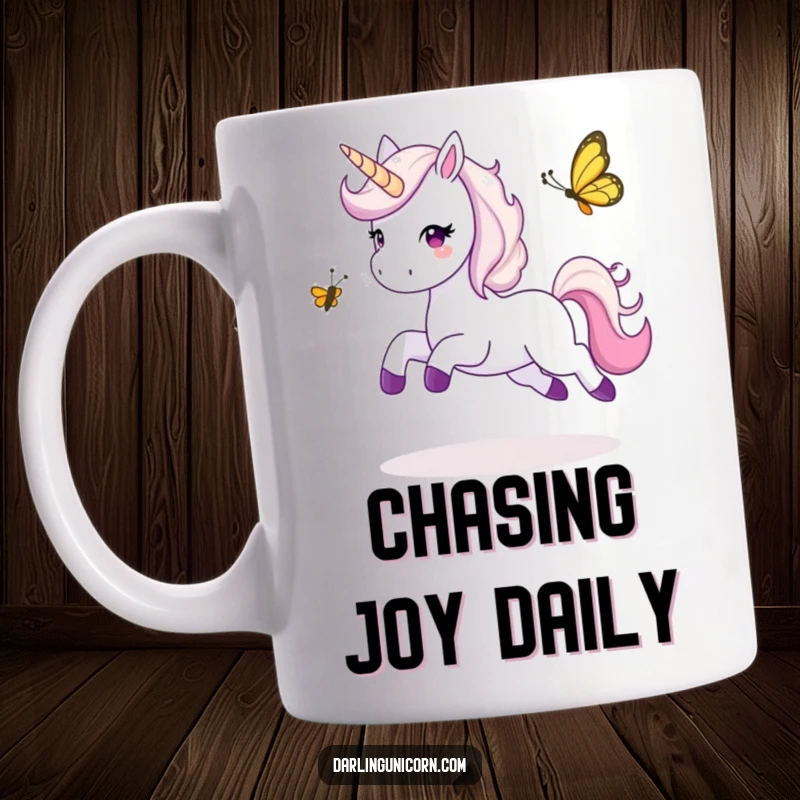 Funny mug depicting a unicorn gleefully playing tag with a mischievous butterfly, captured mid-leap with pure joy and energy.