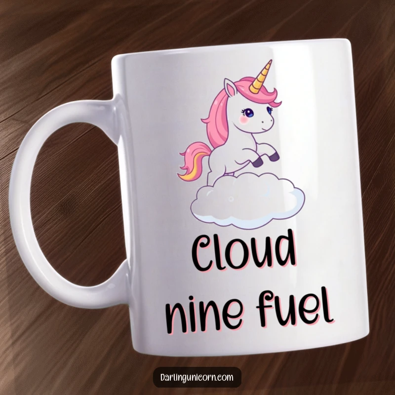 Funny mug with a unicorn with a bright shimmering horn leaping jubilantly over a fluffy white cloud, embodying fantasy.