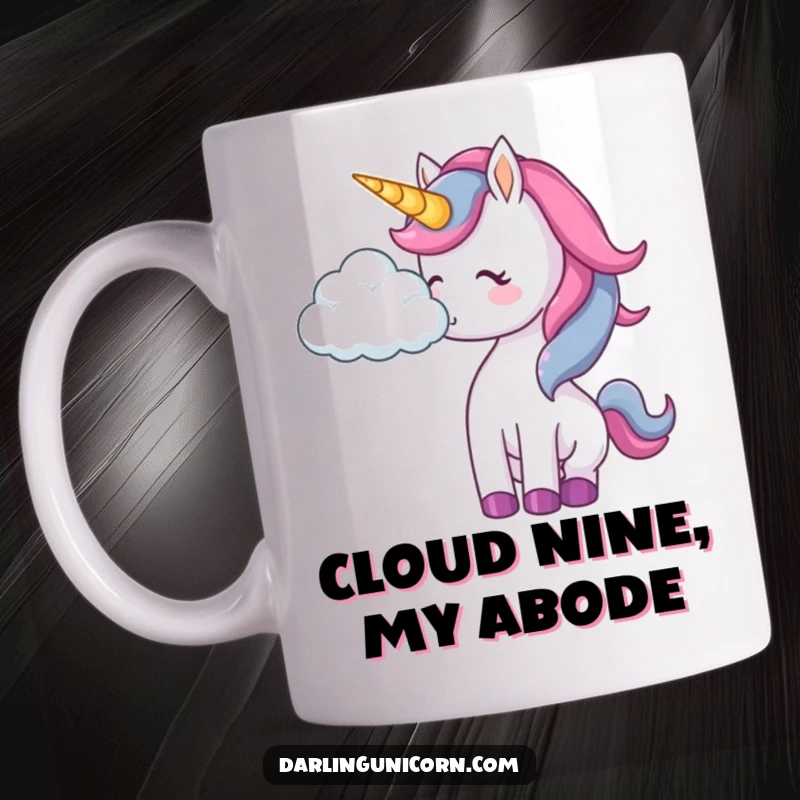 Funny unicorn mug showing a magical unicorn playfully nudging a soft, floating cloud with its nose.