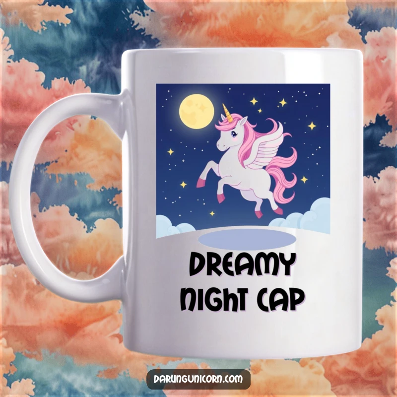 Funny unicorn mug depicting a unicorn doing a graceful, yet wobbly, pirouette under a sparkling starlit night sky, embodying endearing effort.