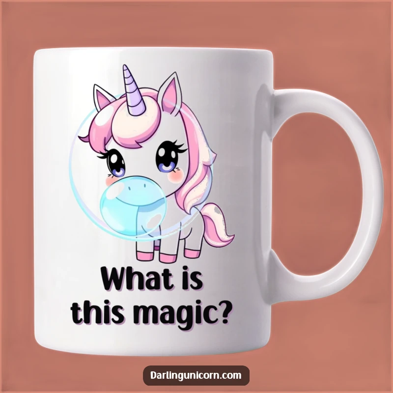 Funny Curious Unicorn Mug: Sniffing Iridescent Bubble, Whimsical Gift Idea