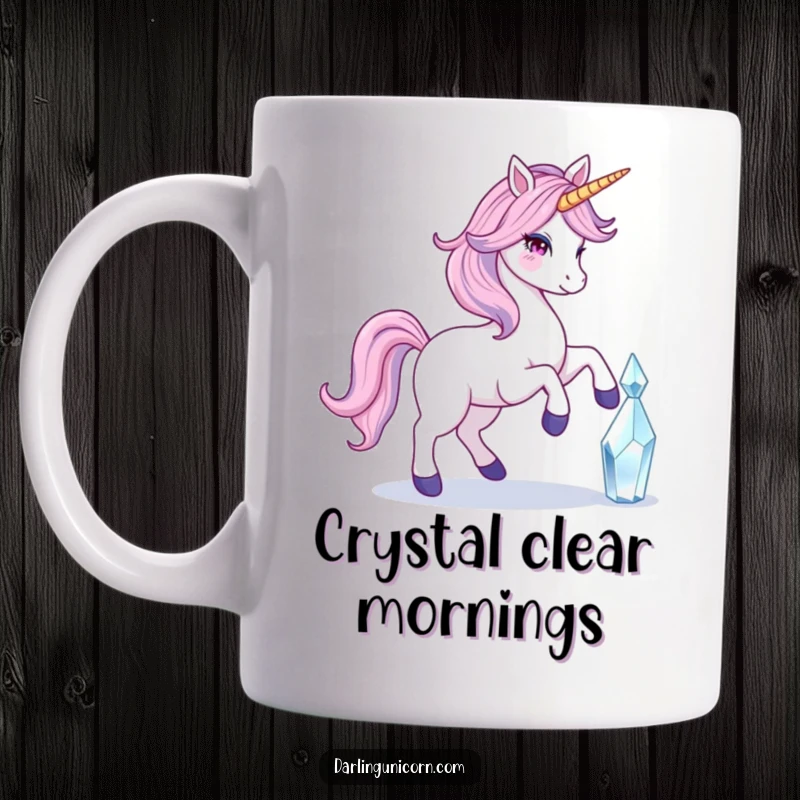 Funny mug featuring a unicorn with a flowing tail elegantly prancing as its horn gently touches a radiant, glowing crystal.