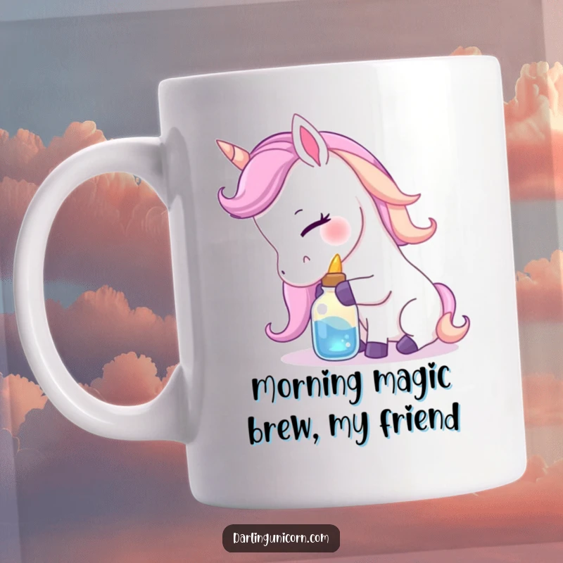 Funny mug with a gentle unicorn nuzzling a small, luminous potion bottle with affection, showcasing a loving and magical bond.