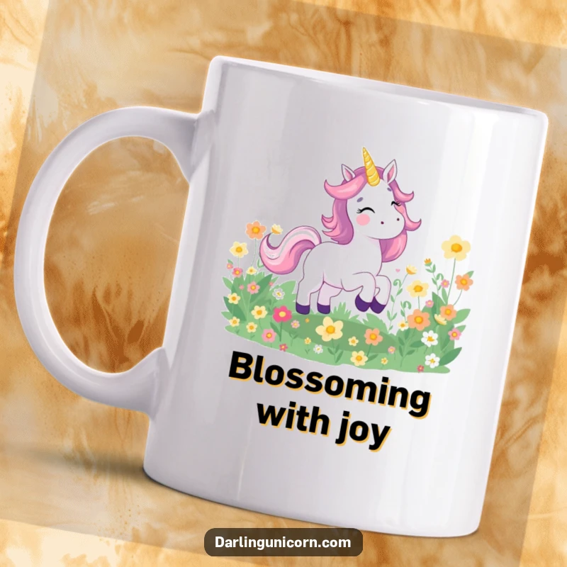 Funny mug featuring a joyful unicorn with a happy expression galloping through a field of brightly glowing flowers in a magical meadow.