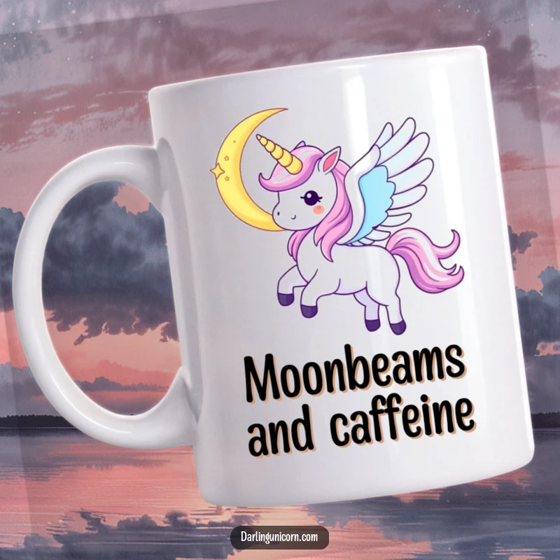 Funny Kawaii Unicorn Mug: A unicorn with iridescent wings soars near a crescent moon, embodying celestial magic and dreams.