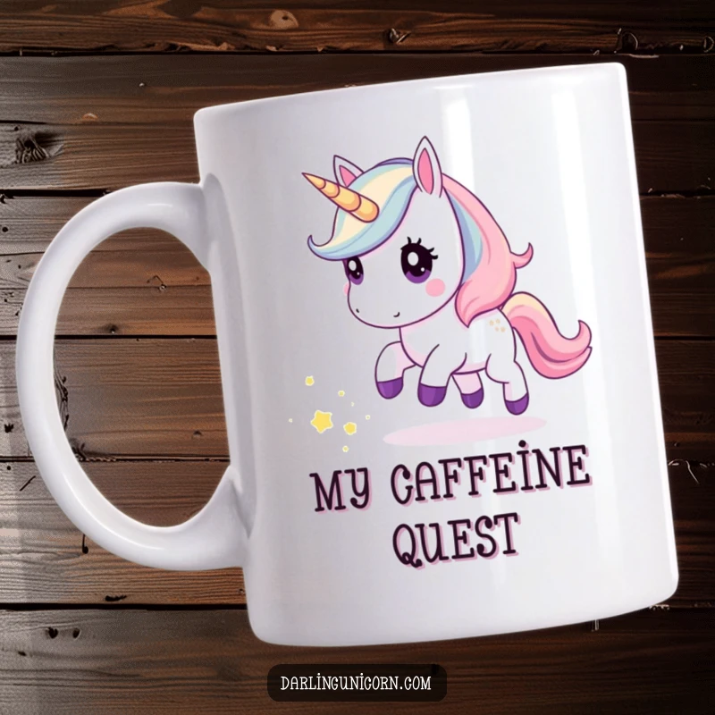 Funny kawaii unicorn mug with big eyes, curiously gazing as it chases a sparkling trail of stardust in a magical, whimsical scene.
