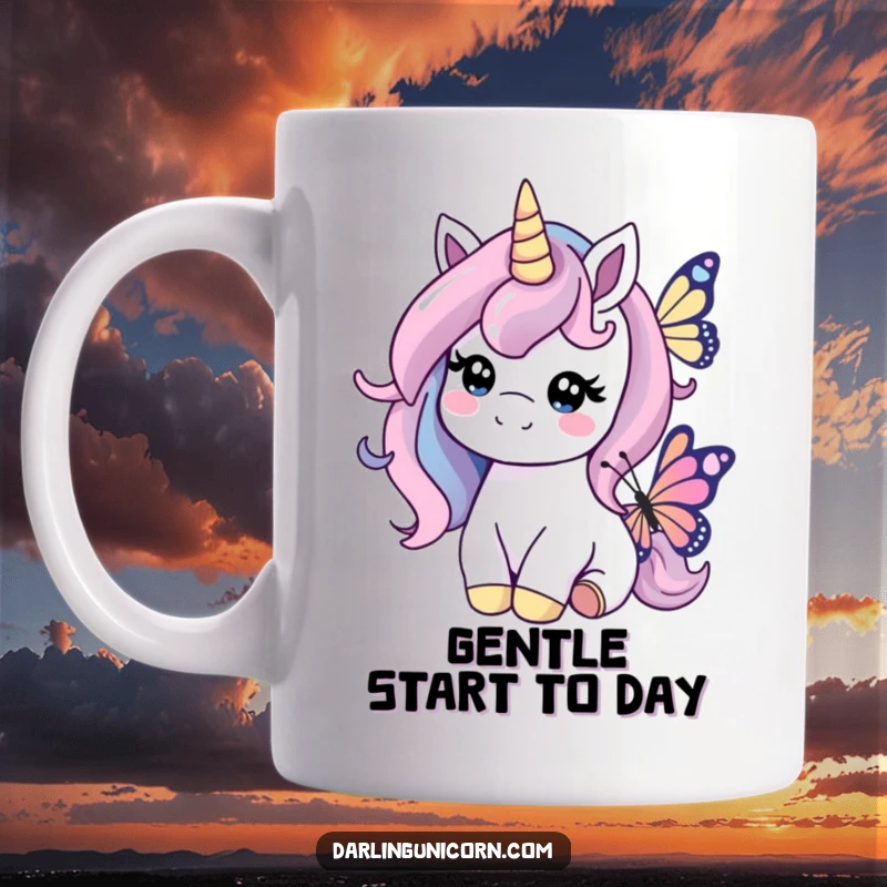 Funny mug featuring a unicorn with a kind smile gently nudging a friendly butterfly, radiating warmth and compassion.