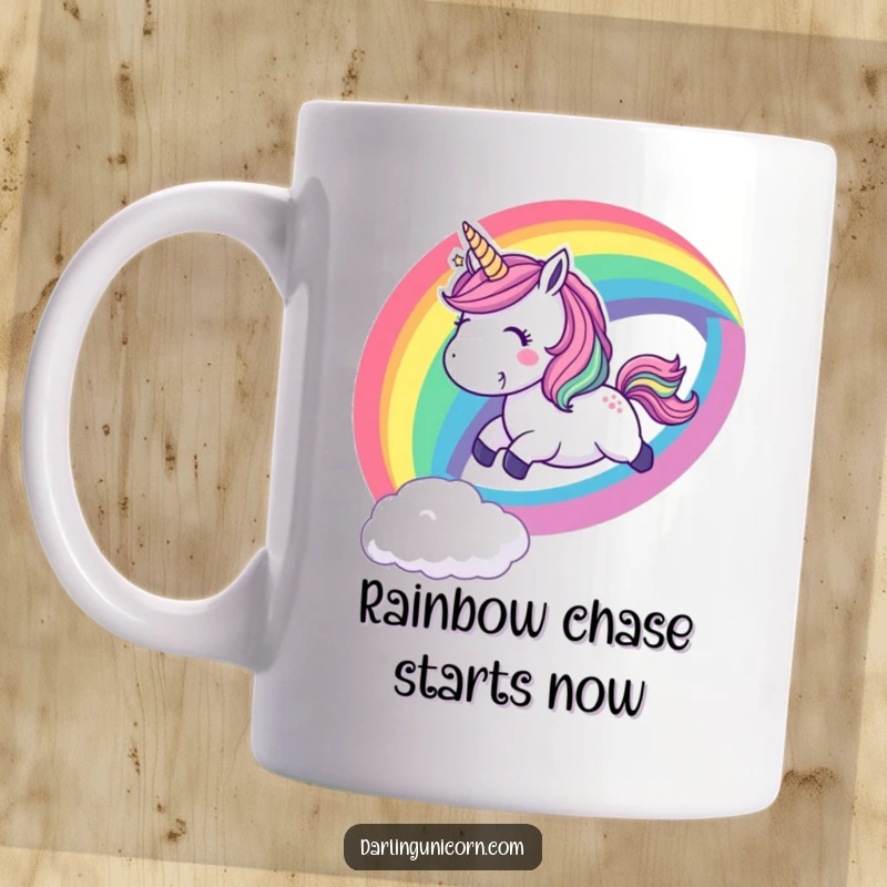 Funny mug showing a playful unicorn sliding down a vibrant rainbow with a cheerful whoop, embodying pure fun and excitement.