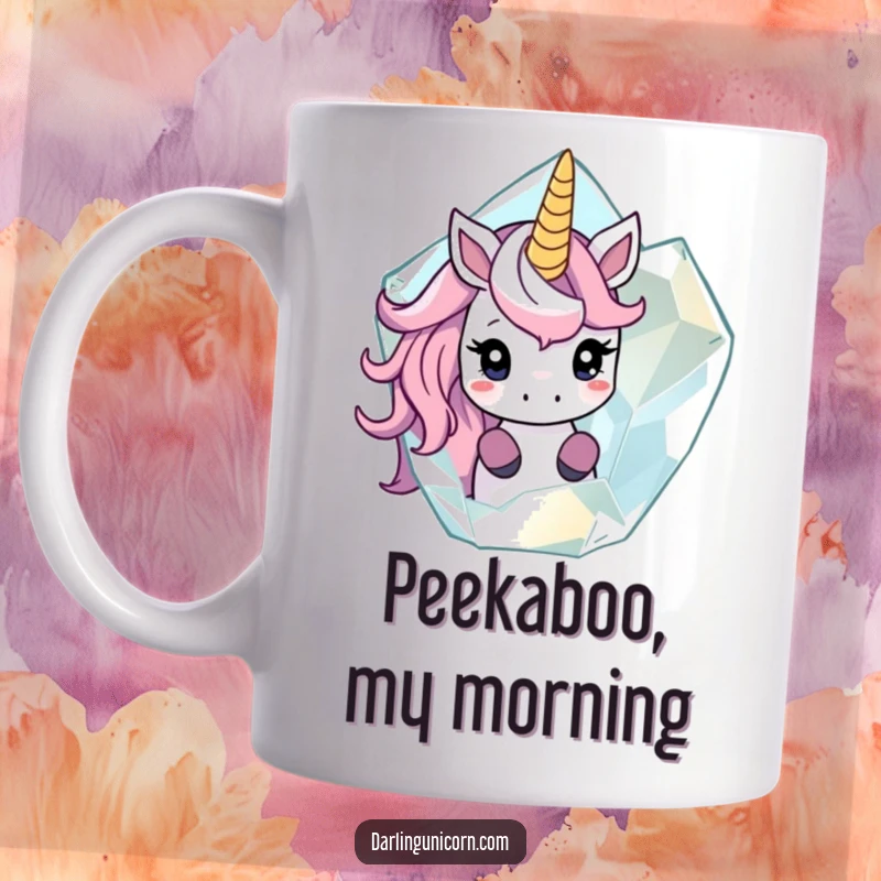 Funny mug featuring a shy unicorn peeking out from behind a large, translucent crystal, hinting at hidden wonders and magic.