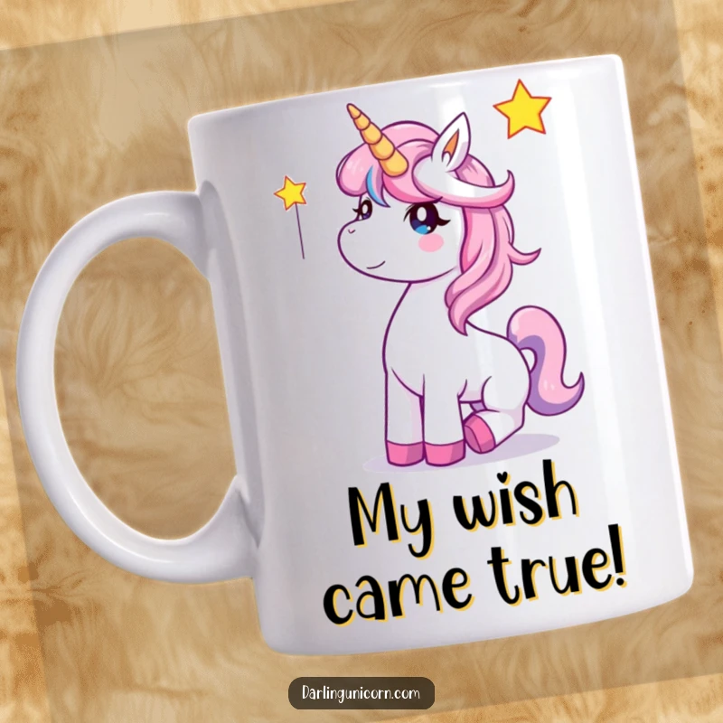Funny Unicorn Mug: A delighted unicorn joyfully catches a bright falling star, radiating pure magical happiness.