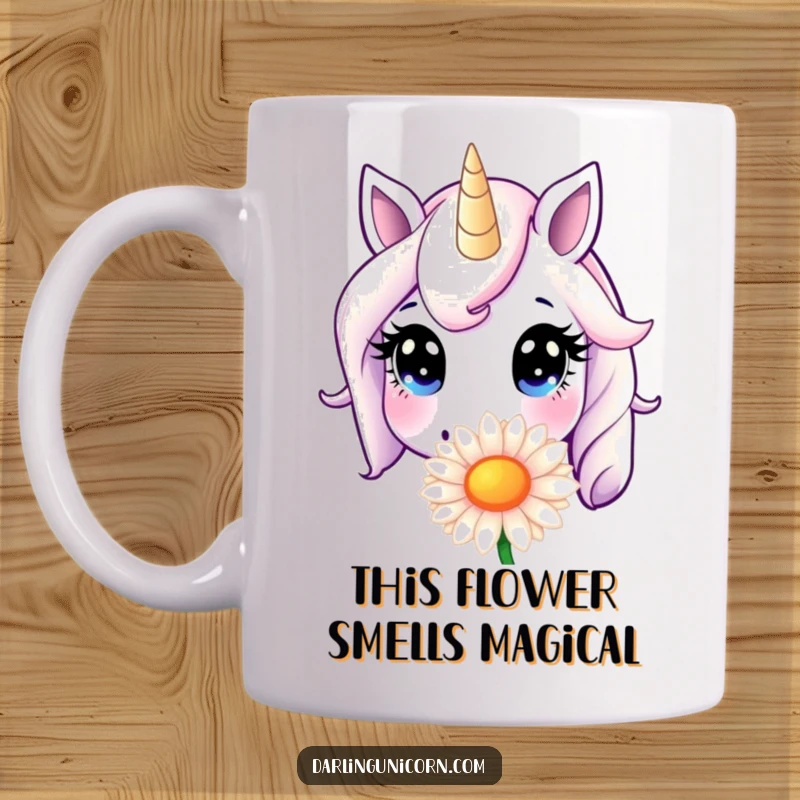 Funny Mug: A unicorn with innocent eyes happily sniffs a giant daisy, showcasing a delightful and whimsical moment.