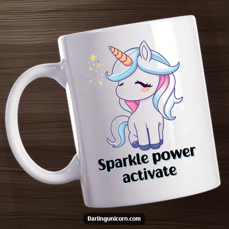 Funny unicorn mug showing a unicorn blowing a shower of colorful glitter from its horn, adding sparkle.