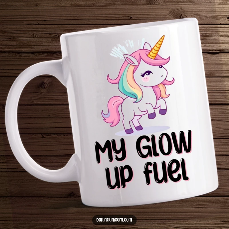Funny mug featuring a unicorn projecting a brilliant, colorful light show from its glowing horn.