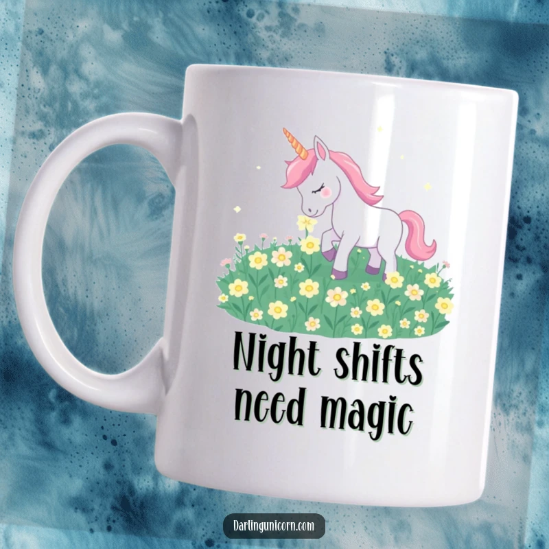 Funny unicorn gently nuzzling a field of softly glowing moonflowers on a beautiful ceramic mug.