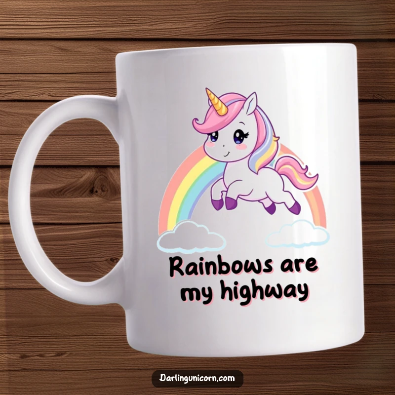 Funny unicorn mug with a cheerful expression leaping joyfully over a bright, colorful rainbow, embodying pure happiness and magical adventure.