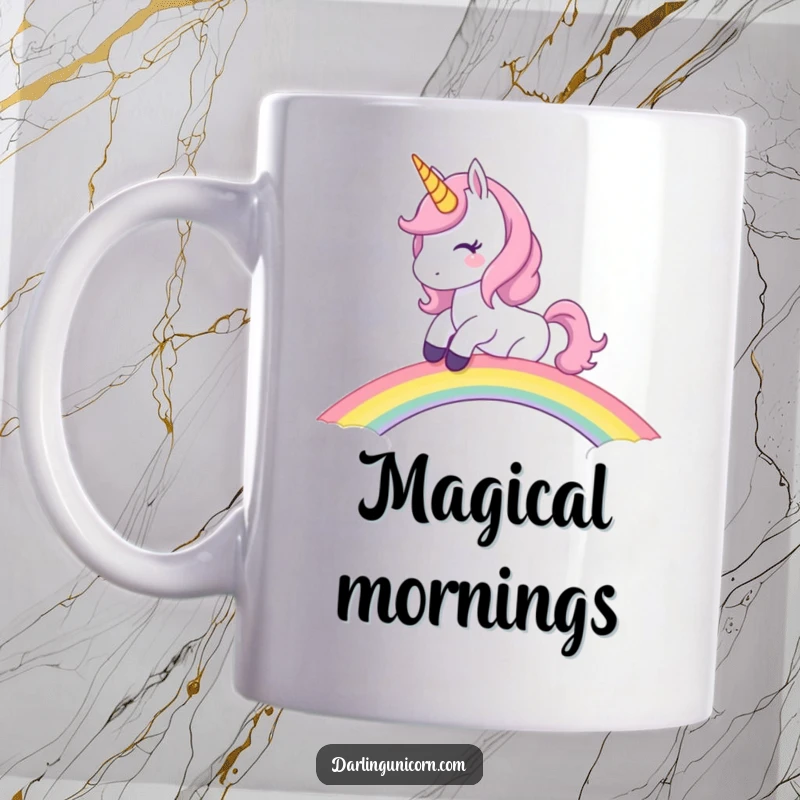 Funny Unicorn Mug: Mischievous unicorn winks while riding a rainbow bridge, a magical and humorous gift.