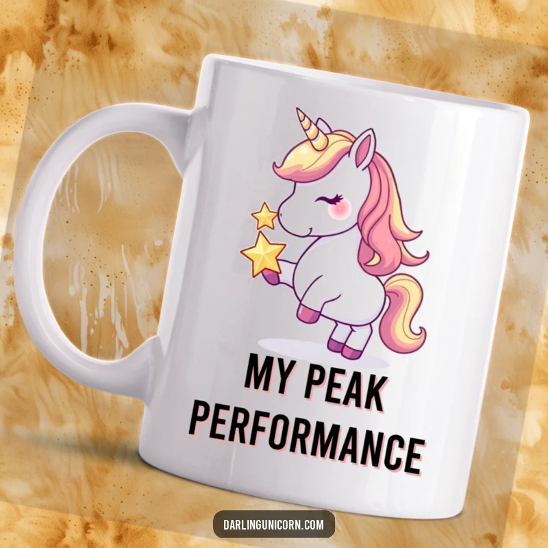 Funny mug with a graceful unicorn balancing a shining star on its nose, radiating whimsical charm and delightful humor.