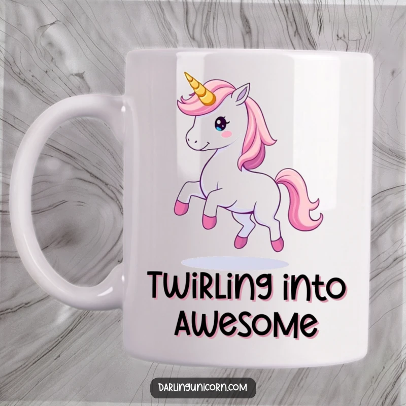 Elegant mug featuring a unicorn gracefully twirling, its horn leaving a subtle, shimmering trail of light, signifying magic.