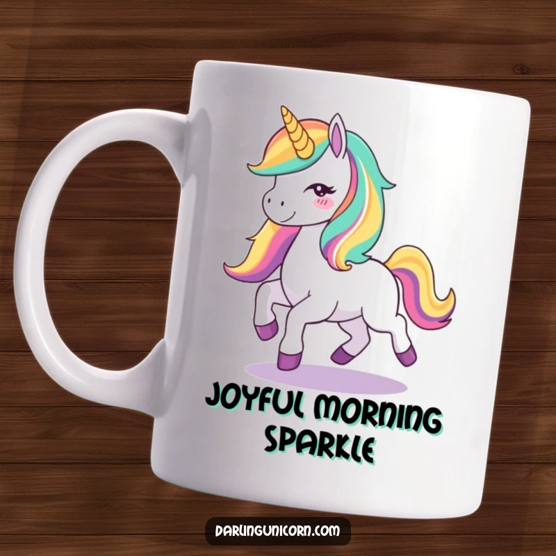 Funny Unicorn Joy Mug: A cute unicorn with a vibrant rainbow mane joyfully prancing, radiating pure happiness and magical energy.