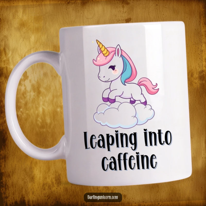 Funny Leaping Unicorn Mug: A young unicorn with a sparkling horn leaping joyfully over a fluffy cloud, embodying freedom and magic.