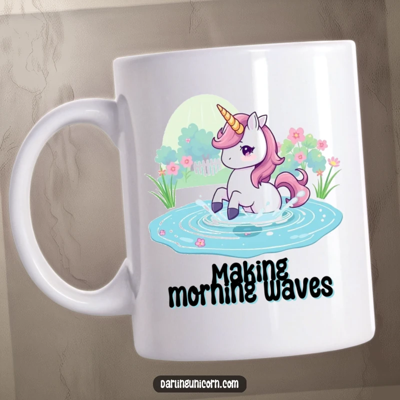 Funny Mug showing a unicorn playfully splashing in a glistening, magical pond, creating ripples of joy.
