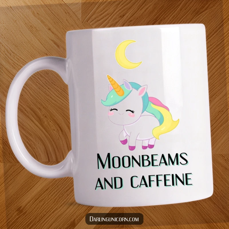 Funny Unicorn Moon Mug: A serene unicorn smiles peacefully while gazing at a beautiful crescent moon.