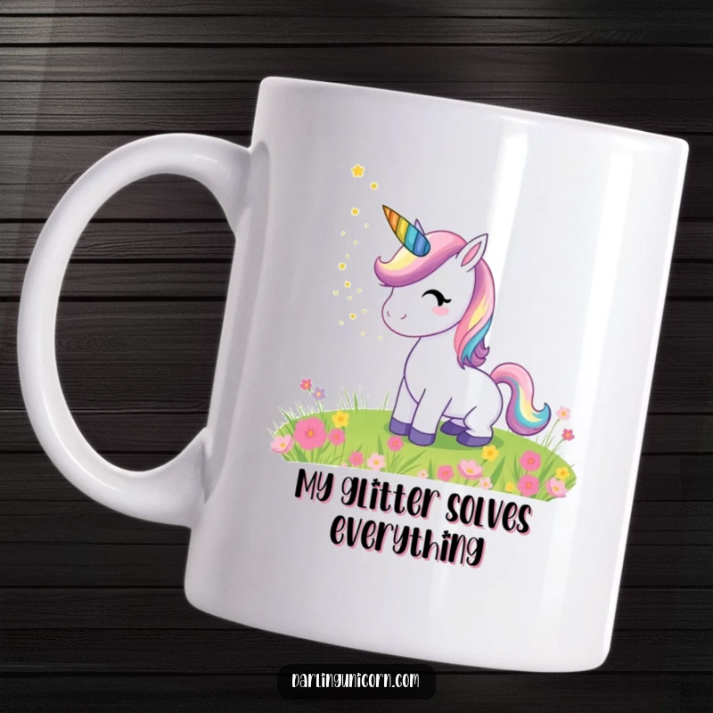 Funny mug featuring a whimsical unicorn with a vibrant rainbow horn, joyfully sprinkling shimmering stardust over a serene meadow, perfect for fantasy enthusiasts.