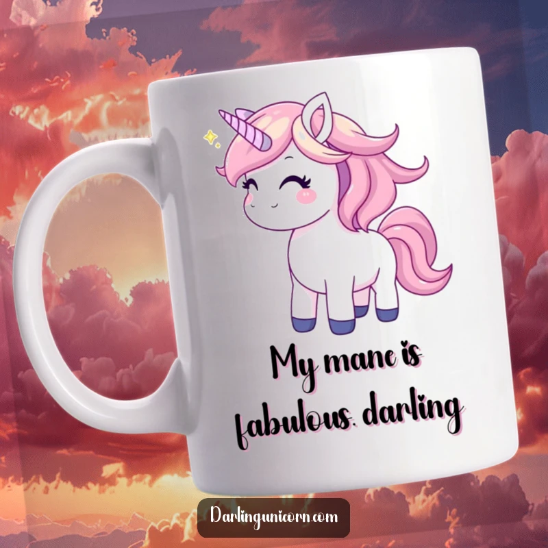 Funny unicorn mug with a joyful unicorn gleefully tossing its shimmering mane, radiating happiness and magical energy.