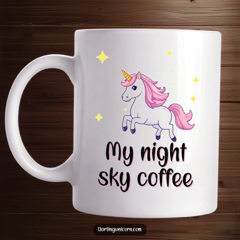 Funny mug featuring a majestic unicorn galloping across a starry sky with its horn aglow, embodying power and celestial wonder.