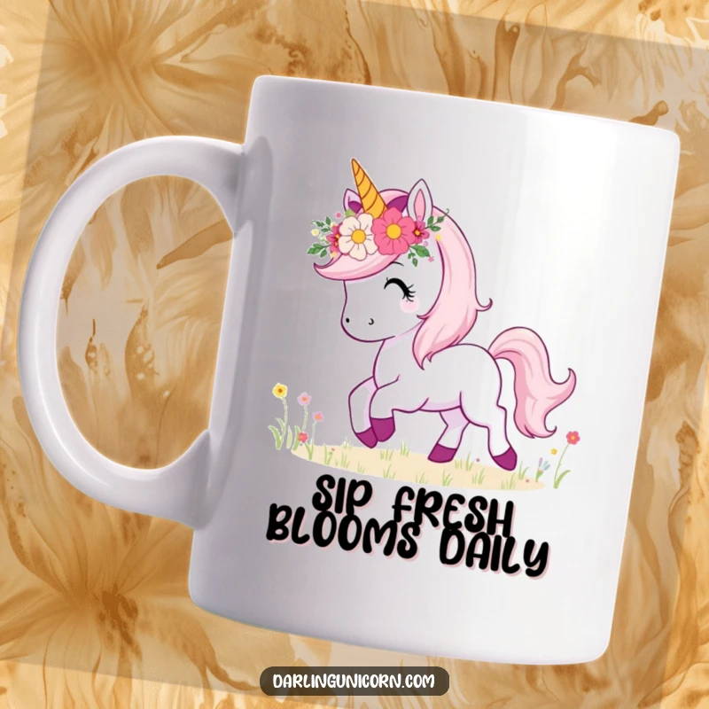 Funny mug featuring a unicorn wearing a flower crown, happily prancing through a vibrant meadow, exuding pure joy.