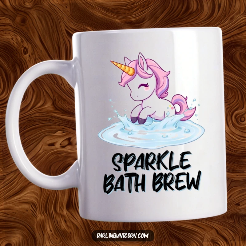 Funny Unicorn Splash Mug: A unicorn playfully splashes in a puddle of shimmering, magical liquid.
